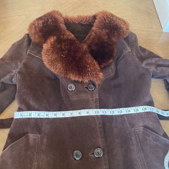 Vintage 70's Chocolate Brown Suede Leather Penny Lane Coat with Faux Fur Collar - Picture 8 of 15